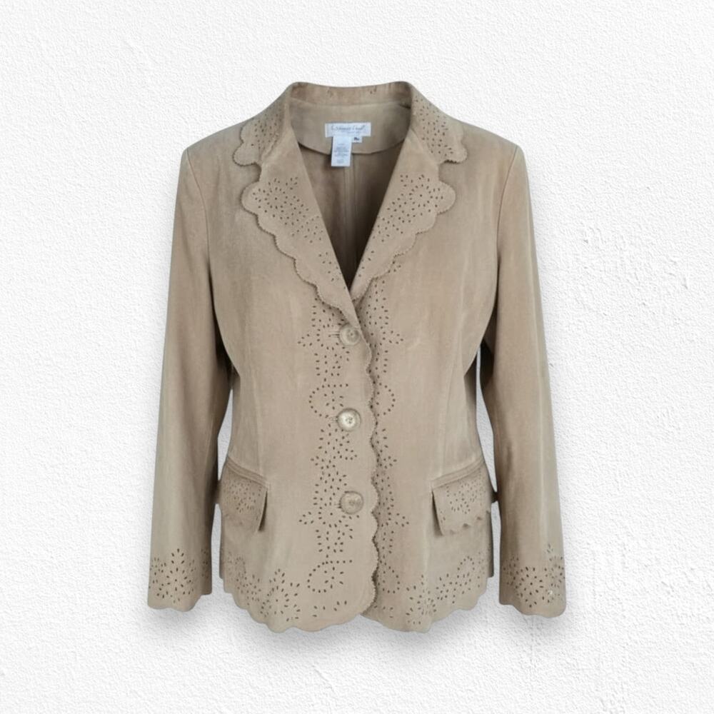 90s Vintage Tan Eyelet Lightweight Western Boho Leather Jacket Size Large Petite